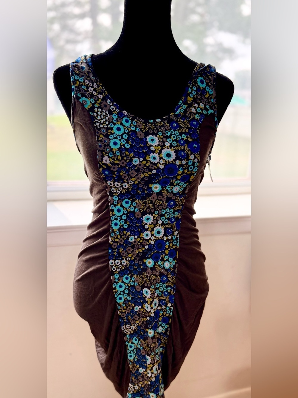 Free People Intimately sleeveless mini brown dress ruched sides floral NWT Large - Picture 3 of 8
